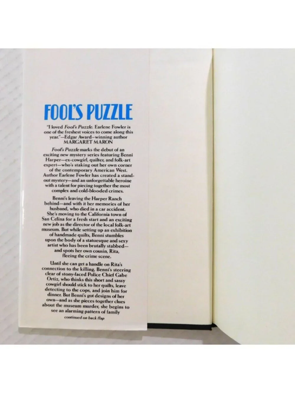 Fools Puzzle By Earlene Fowler 1st Edition 1994 1st Benni Harper Mystery HBDJ
